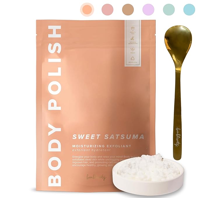 Bonblissity Body Polish, 8oz. - Sweet Satsuma Scented Body Scrub Exfoliator for Women, Exfoliating Sugar Scrub To Lotion Moisturizer, Gentle Exfoliant for Dry and Sensitive Skin, Handmade in USA