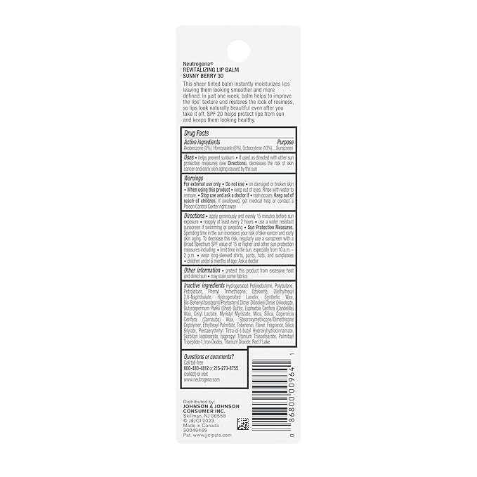 Neutrogena Revitalizing Tinted Lip Balm Broad Spectrum SPF 20 Sunscreen, Moisturizing Lip Balm with a Sheer Tint for Softer, Smoother, Healthier-Looking Lips, Sheer Sunny Berry 30, .15 oz