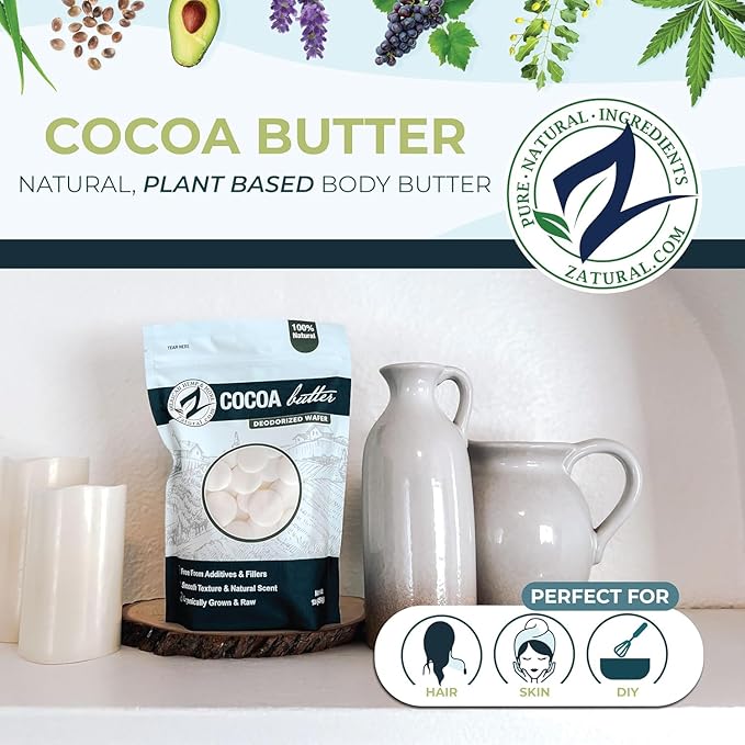 Zatural Raw Cocoa Butter Wafers Deodorized – 100% Pure Food-Grade Prime-Pressed Cocoa Butter, Neutral Scent, for DIY Lotion Lip Balm Soap Chocolate & Candles (8 Ounce)