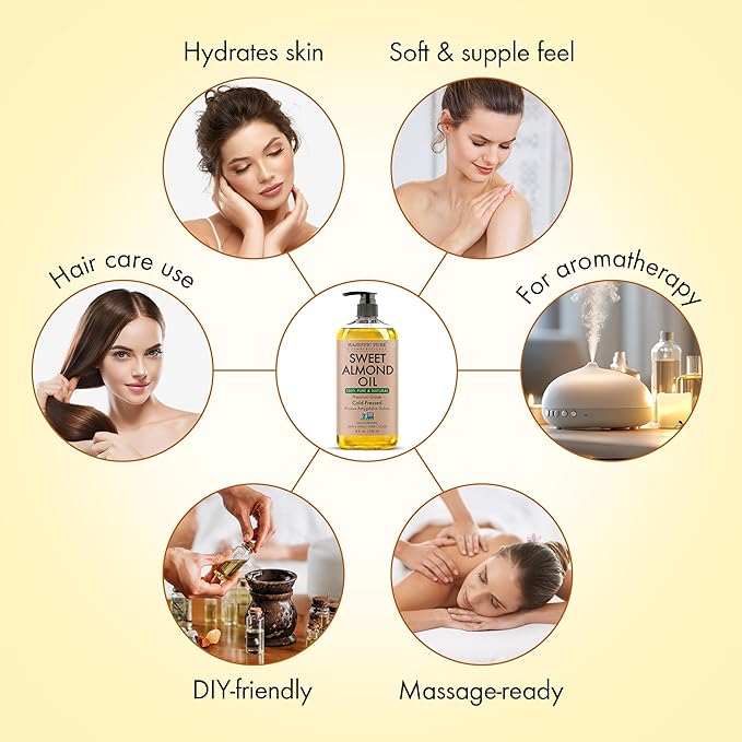 Majestic Pure Sweet Almond Oil 8 Fl Oz - 100% Pure and Natural- Cold Pressed & Hexane Free Natural Hair Growth Oil for Eyelashes, Eyebrows, Skin, Body, Face, Nails & Scalp