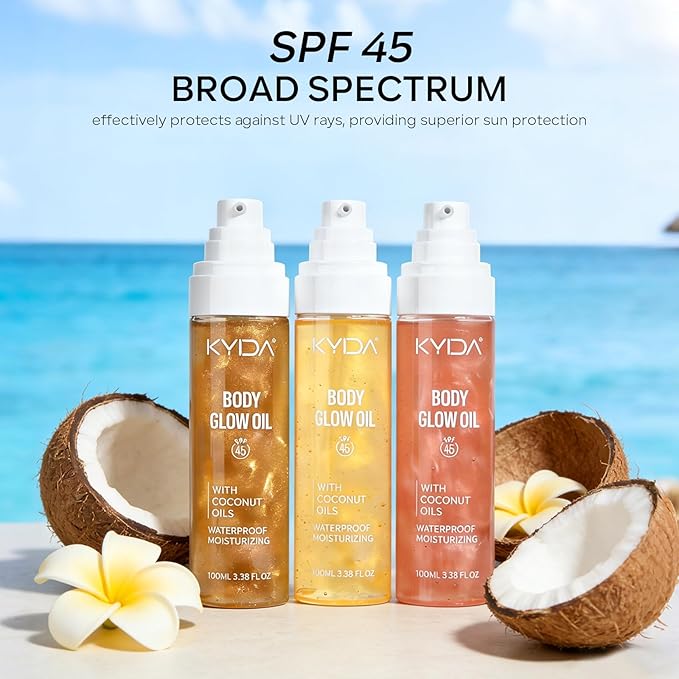 KYDA Travel Size Sunscreen,SPF 45 Sunscreen Spf Body Oil with Gold Mica, Sun-kissed Glow Skin Illuminator, Moisturizing Coconuts Summer Sunscreen,Water Resistant, 3.38 fl oz, GOLD