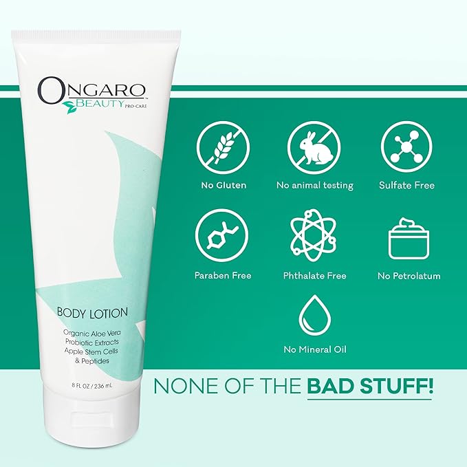Ongaro Beauty Organic Body Lotion - Body Moisturizer Skin Lotion, Probiotic Lotion w/Aloe Vera, Cocoa Butter, Hyaluronic Acid, Shea Butter & Vitamin E, Lightweight, All Skin Types 8fl oz
