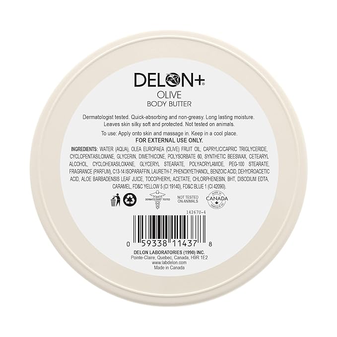 DELON Intense Moisturizing Body Butter, Olive with Olive Oil & Vitamin E, 6.9 oz