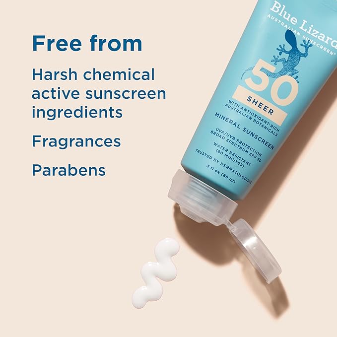 Blue Lizard Sheer Mineral SPF 50 Sunscreen Lotion, Zinc Oxide, 100% Mineral Formula, Nourishes with Australian Desert Lime and Peach, Paraben-Free, Fragrance-Free, 3 fl oz, (Pack of 2)