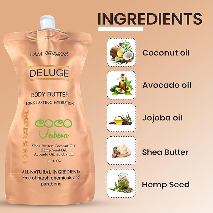 DELUGE coco verbena Body Butter for Women & Men – 100% Organic Body Butter for Dry Skin - USA Made Natural Body Butter with Long Lasting Hydration & Non-Greasy Finish (6 FL OZ)