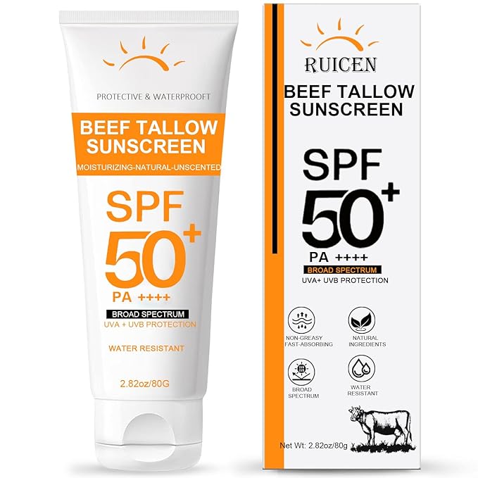 Beef Tallow Sunscreen with Zinc Oxide: Mineral Sunscreen SPF 50, Organic Natural Sun screen-Non Greasy Formula, No White Cast, Beef Tallow Sunblock for Sensitive Skin- Water-Resistant-2.82 oz (80g)