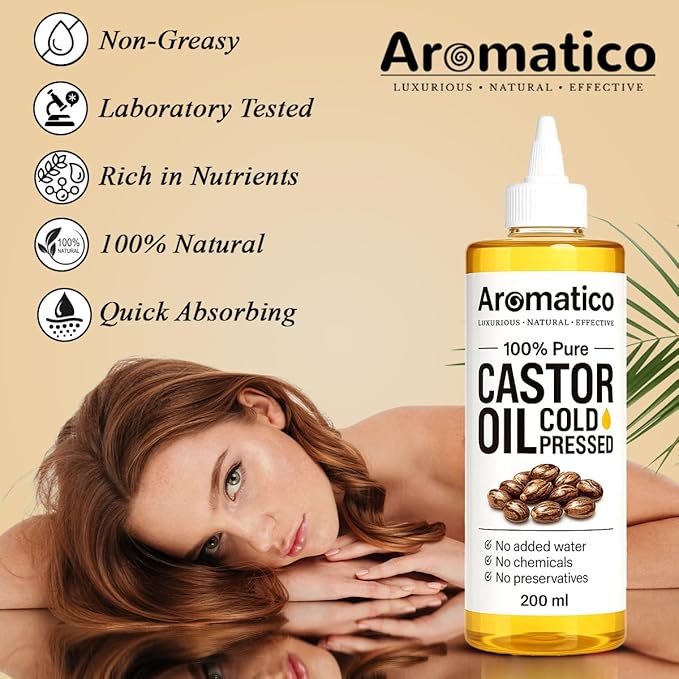 Aromatico 100% Pure Cold Pressed Castor Oil for Hair, Eyelashes & Eyebrows – Natural Carrier Oil for Scalp, Beard & Skin Care – Thick Conditioning Oil for Dry Scalp, DIY Beauty & Bulk Use – 7 fl oz