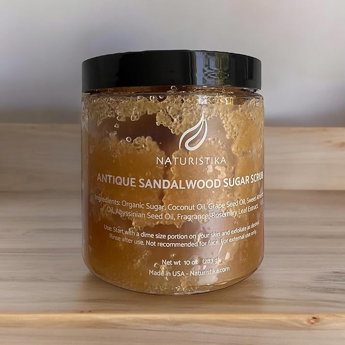 Sandalwood Sugar Body Scrub – Exfoliating & Moisturizing Scrub with Premium Oils & Fair-Trade Sugar – Body, Hand & Foot Scrub – Vegan & Natural Skincare – 10 oz Jar – Made in USA