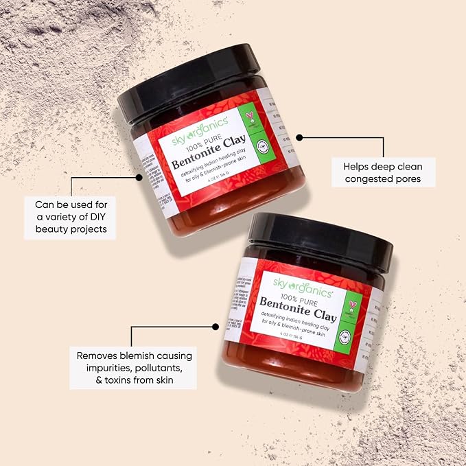 Sky Organics Indian Healing Clay with Detoxifying Bentonite Clay for Face, Helps Remove Impurities, Suitable for Oily or Blemish-Prone Skin, 100% Pure, Vegan & Cruelty-Free Skin Care, 4 Oz.