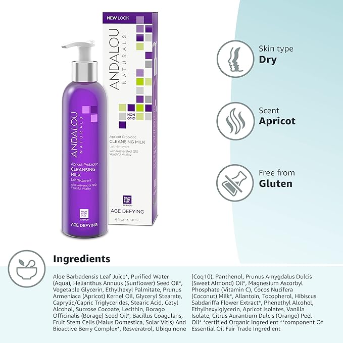 Andalou Naturals Age Defying Apricot Probiotic Cleansing Milk | Gentle Daily Hydrating Face Cleanser For Dry,Dehydrated Skin| With Fruit Stem Cell Complex | 6 fl oz,(Pack of 2)