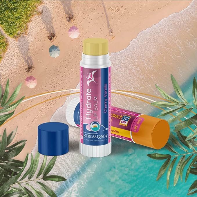 STREAM 2 SEA Cherry Vanilla Lip Balm, Reef Safe SPF 30 and Hydrate Organic Lip Balm Set, Moisturizing Indoor + Sun Protect Outdoor For Beach and Sports, Paraben Free Lip Moisturizer