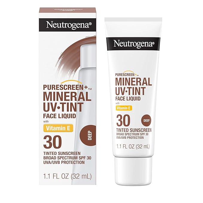 Neutrogena Purescreen+ Tinted Sunscreen for Face with SPF 30, Broad Spectrum Mineral Sunscreen with Zinc Oxide and Vitamin E, Water Resistant, Fragrance Free, Deep, 1.1 fl oz