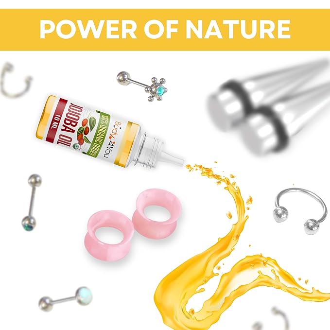BodyJ4You Organic Jojoba Oil Piercing Aftercare - USDA 100% Pure Cold Pressed Ear Stretching Oil - Gauge Care Nose Septum Cartilage Tragus Navel - Natural Skin Recovery Moisturizer Vegan - 0.33 Fl Oz