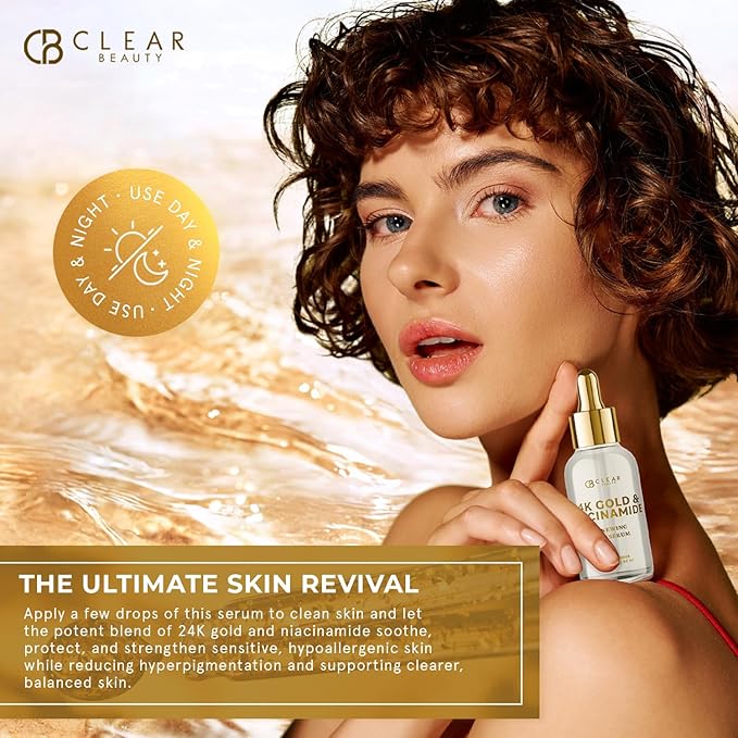 Clear Beauty 24K Gold & Niacinamide Serum For Face - Anti Aging, Firming, Hydration, Tone & Radiance Care - Dermatologist Tested, Korean Skin Care, Vegan Clean Beauty - 1.69 Fl Oz
