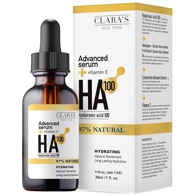 CLARA'S NEW YORK Hyaluronic Acid Facial Serum with Vitamin E – Hydrating & Moisturizing Face Serum – Lightweight, Fast Absorbing – 1 fl oz