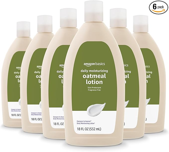 Amazon Basics Daily Moisturizing Oatmeal Body Lotion, Fragrance Free, Non-Comedogenic, Soothing Skin Protectant Moisturizer, 18 Fl Oz (Pack of 6) (Previously Solimo)