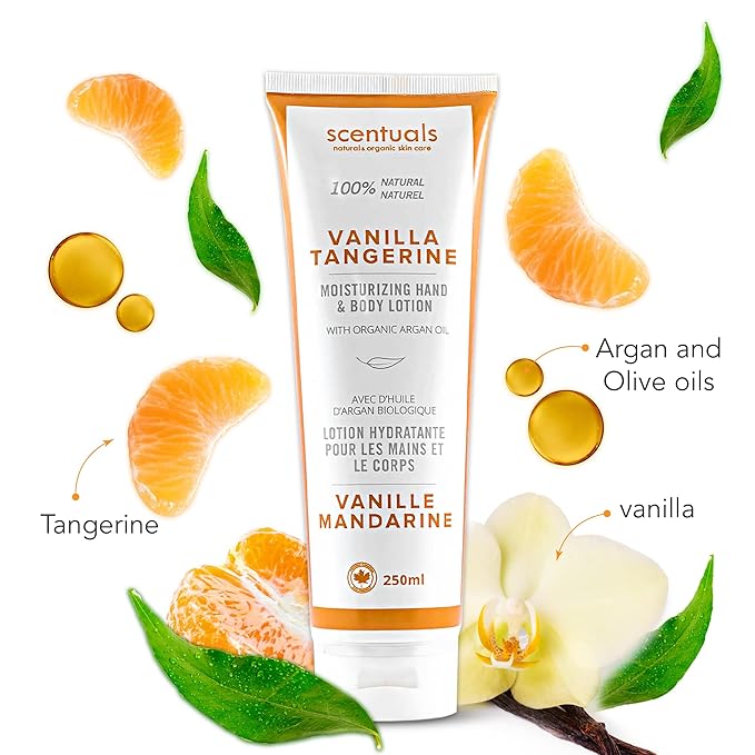 Hand & Body Cream Scented with Essential Oil Vanilla Tangerine, Made with Organic Argan Oil, Olive Oil, Aloe Juice, for Dry Skin, Cruelty Free, Natural Skin Care Products, 250 ml, 8.45 fl.oz