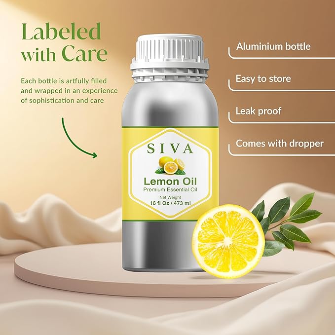 Siva Lemon Essential Oil - 16 Fl Oz – 100% Natural Lemon Oil - for Diffuser, Face, Skin Care, Aromatherapy, Hair Care, Scalp and Body Massage