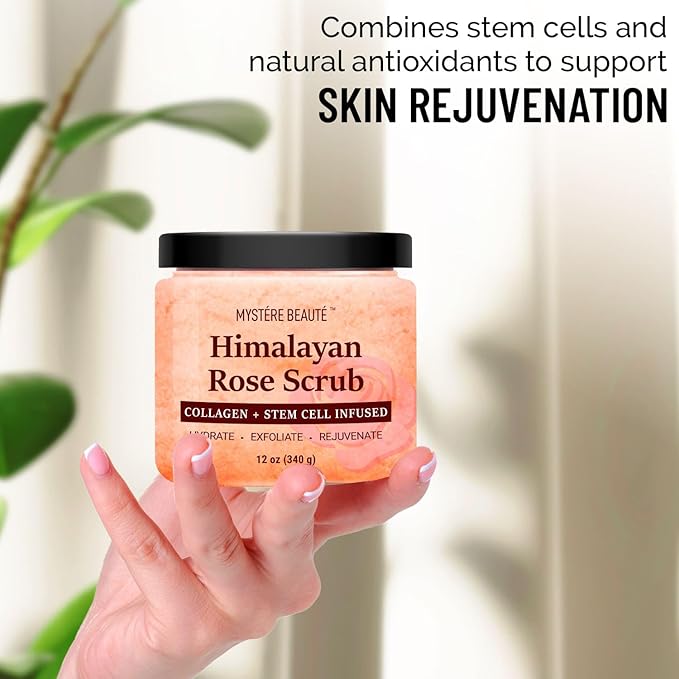 MYSTÉRE BEAUTÉ Himalayan Salt Body Scrub Twin Pack (12 oz x 2) - with Collagen, Rose Oil & Stem Cells - Exfoliating Scrub for Cellulite, Acne & Stretch Marks - Natural Skin Care Gift Set