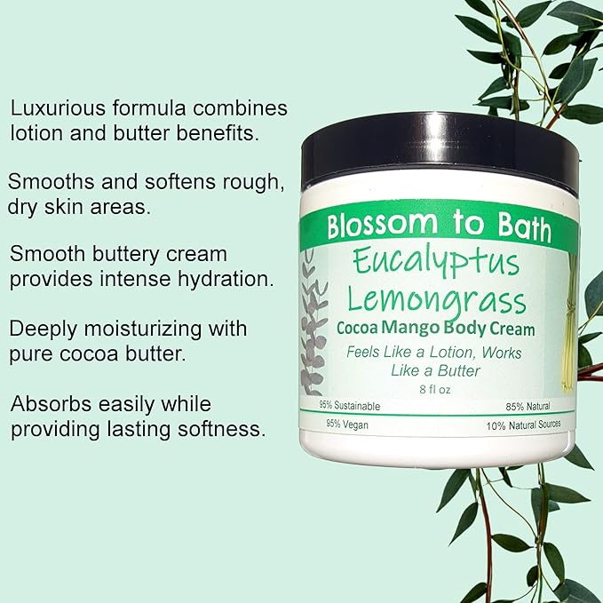 Blossom to Bath Eucalyptus Lemongrass Cocoa Mango Body Cream (8 Ounce) - Pure Essential Oil Fragrance - Feels Like A Lotion And Works Like A Butter with a Herbally Clean Natural Scent