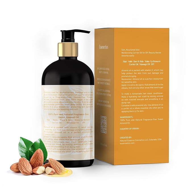Sweet Almond Oil Organic 16 oz - 100% Pure & Natural Sweet Almond Oil for Skin, Body, Face, and Hair - Natural Cold Pressed Unrefined - Organic Massage Oil for Massage Therapy & Date Night
