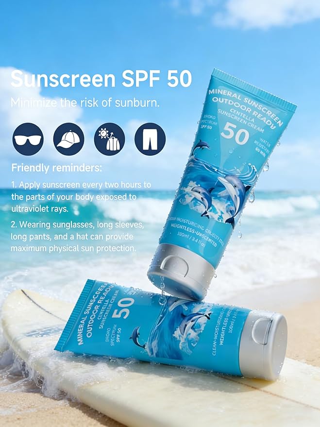 Reef Safe Sunscreen SPF 50, Travel Size Zinc Oxide Mineral Sunscreen, Natural Organic Centella Extract, Lightweight No White Cast, Non-Greasy, For Women & Men, Outdoor Beach Home Office Daily Use, 2PC