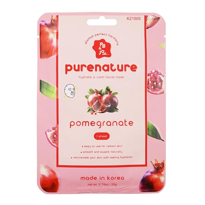 PB & JAY Purenature Facial Mask – Premium Quality Korean Sheet Mask for Dry Skin – Korean Collagen Essence Hydrating Facemask Sheet (Pomegranate)