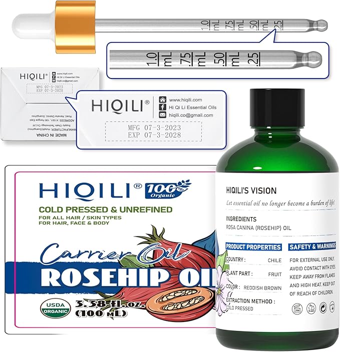 HIQILI 3.38 Fl Oz Organic Rosehip Seed Oil for Face, 100% Pure and Natural, Cold Pressed, Carrier Oil for Skin, Hair & Nails - Women & Men