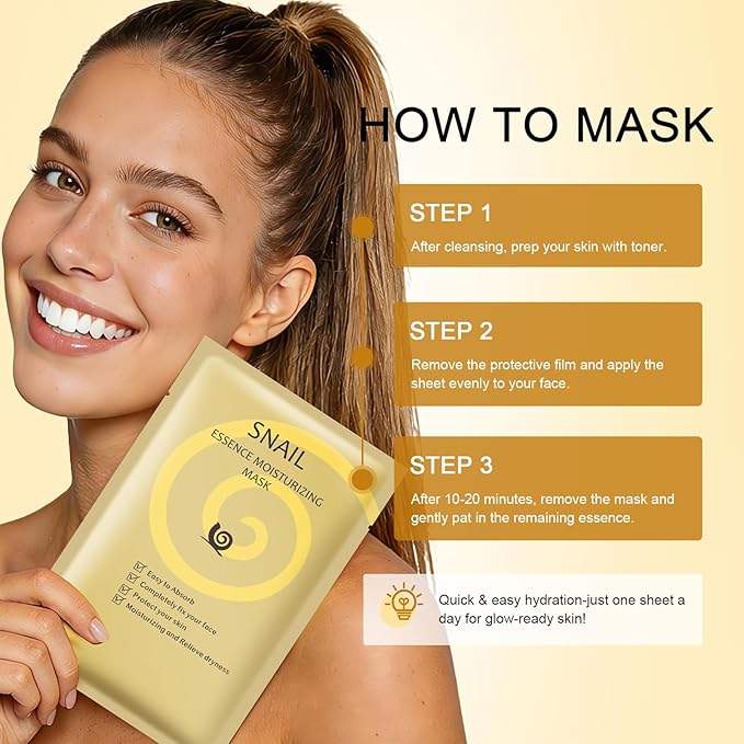Snail Mucin Mask, Pack of 10 Snail Mucin Sheet Masks, Deep Hydrating Face Mask for All Skin Types, Moisturizing, Strengthen Skin Barrier, Relieve Dryness