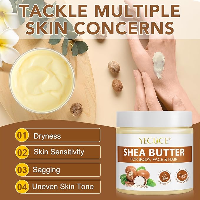 Shea Butter Raw Organic, 100% Natural, Unrefined Multi-Purpose Body Butter for Face, Hands & Hair - Deep Moisture for Dry, Dehydrated Skin, 7.8 oz