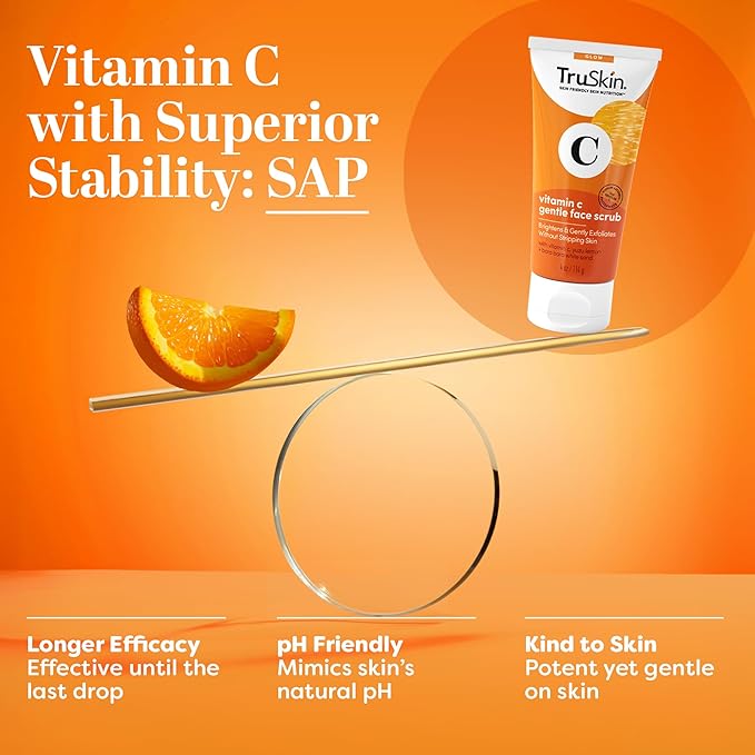 TruSkin Vitamin C Face Scrub & Face Exfoliator - Brightening Facial Scrub with Bora Bora White Sand & Yuzu Lemon - Smooths Texture and Reveals Softer-Looking Skin, 4 fl oz
