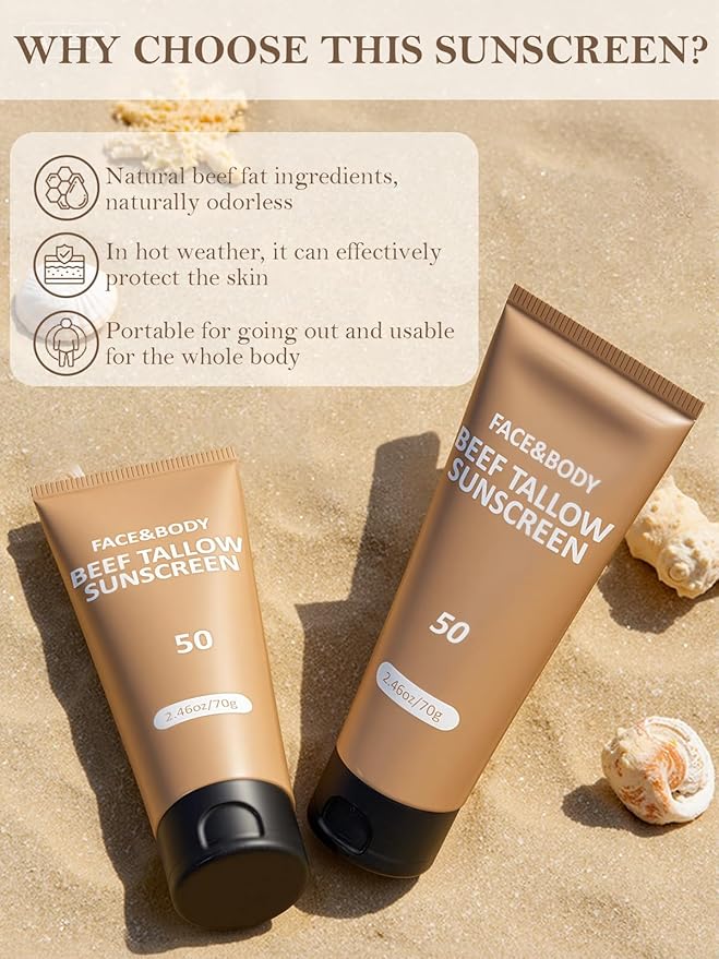 Beef Tallow Sunscreen, Sunscreen for Face, Natural Reef Safe Sunblock for Face Body, Non Greasy Clean Travel Sun Screen Sunblock for Sunmmer Outdoor Travel, 2 Packs