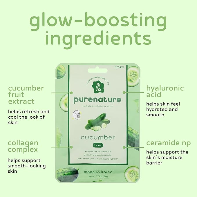 PB & JAY Purenature Facial Mask – Premium Quality Korean Sheet Mask for Dry Skin – Korean Collagen Essence Hydrating Facemask Sheet (Cucumber)