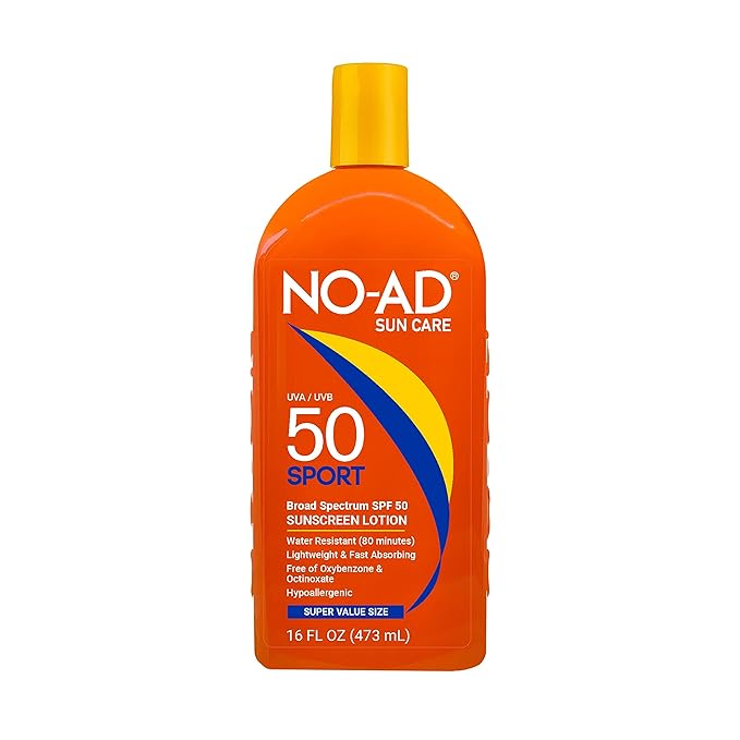 NO-AD SPF 50 SPORT Sunscreen Lotion | Hypoallergenic | Broad Spectrum UVA/UVB Protection | Water Resistant | Octinoxate & Oxybenzone Free with moisturizing Vitamin E and Aloe 16oz | Pack of 2