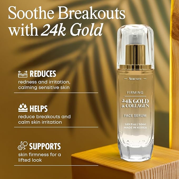 Serenity Dew 24K Gold & Collagen Face Serum - Dermatologist Tested Anti-Aging Korean Skin Care - Calms, Soothes, Hydrates & Firms Skin - Vegan Clean Beauty Formula - 1.69 Fl Oz