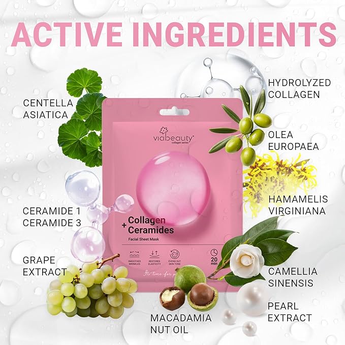 VIABEAUTY 8 Pack of Collagen Face Mask with Ceramides - Rejuvenating Facial Sheet Mask, Reduce Wrinkles & Fine Lines - Face Masks Skincare Moisturizing Collagen Mask for All Skin Types