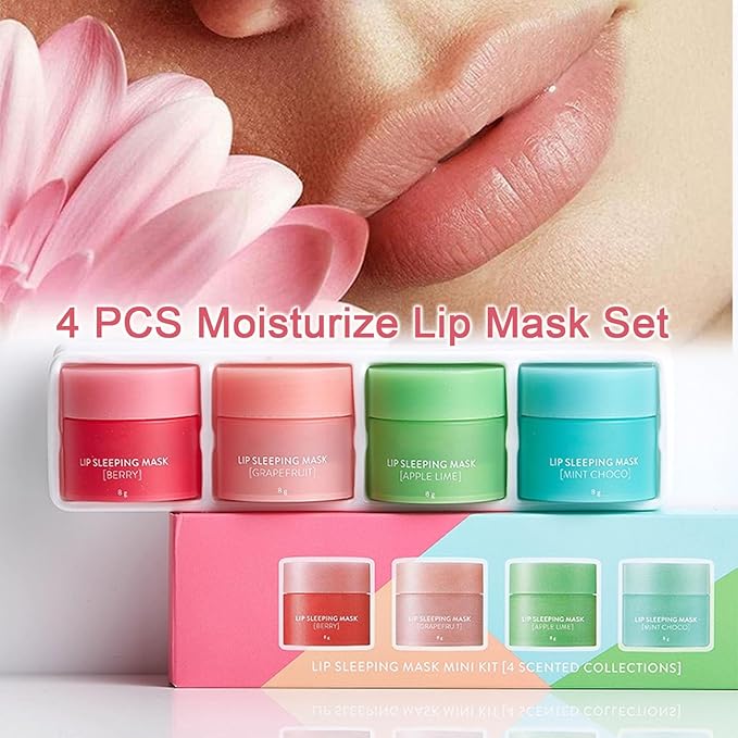 4PCS Lip Sleeping Mask，Korean Lip Mask Jelly Sleep Lip Balm，Lip Mask Set，Reduce Lip Lines and Improve Lip Color，Overnight Lip Treatment Care for Dry Cracked Lips，Moisturizing, Hydrating, Nourishing