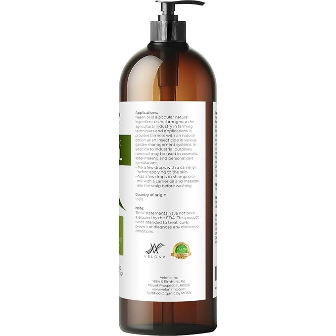 velona Neem Oil USDA Certified Organic - 32 Fl Oz | 100% Pure and Natural Carrier Oil | Virgin, Unrefined, Cold Pressed | Hair, Body and Skin Care | Use Today - Enjoy Results