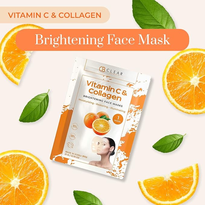 Clear Beauty Vitamin C & Collagen Face Mask - Dermatologist Tested - Diminishes Fine Lines & Wrinkles, Anti-Aging, Natural Ingredients, Cruelty-Free Korean Skin Care - All Skin Types