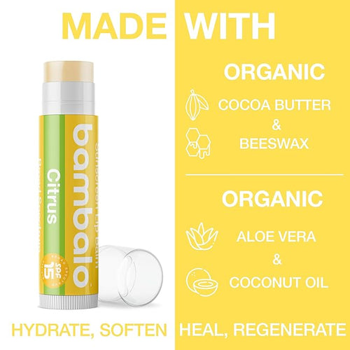 4-Pack Citrus SPF 15 Lip Balm - Organic Ingredients, Broad Spectrum UVA/UVB Protection - Hydrating & Moisturizing, USA Made