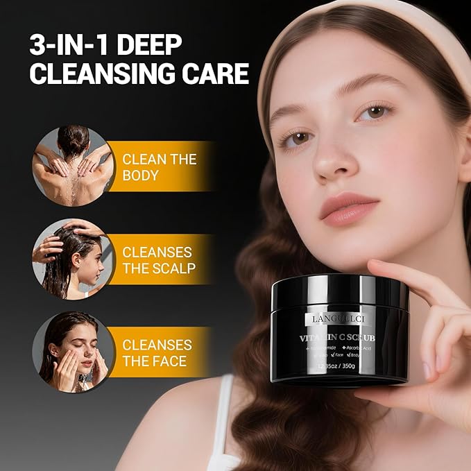 Face, Body & Scalp Scrub, 3-in-1 Gentle Microdermabrasion Exfoliating Scrub with Niacinamide & Vitamin C, Deep Cleansing, Oil Control, Dead Skin Removal, Pore-Refining for Smooth Radiant Skin, 12.3 oz