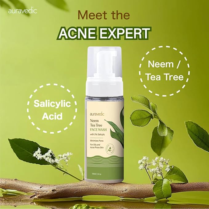 Auravedic Acne Face Wash with 2% Salicylic Acid, Neem & Tea Tree | Foaming Cleanser for Oily & Acne Prone Skin | Oil Control, Gentle Daily Cleanser for Men & Women | 4.06 Fl Oz (120ml)