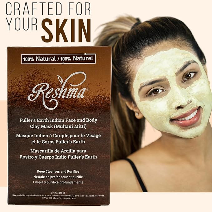Reshma Beauty Fuller's Earth Clay Mask (Multani Mitti)| 100% Natural | Deep Cleansing and Exfoliating Mask for All Skin Types Helps with Blemishes and Minimizes Pores Cruelty-Free, 2.12 oz (Pack of 1)