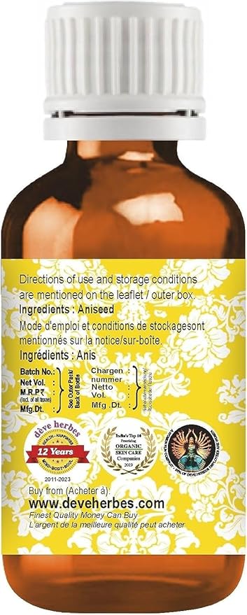 Deve Herbes Pure Aniseed Essential Oil (Pimpinella anisum) Steam Distilled (Pack of Two) 100ml X 2 (6.76 oz)