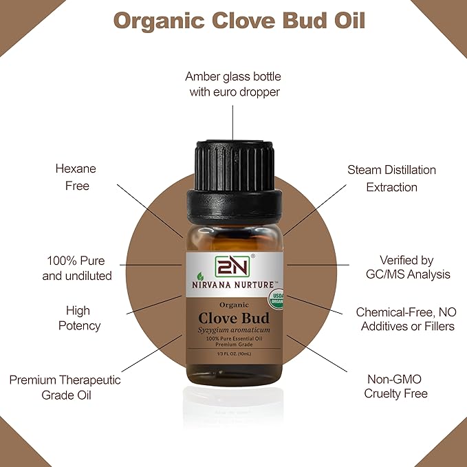 Clove Bud Essential Oil, USDA Certified Organic, 100% Pure Undiluted, Aromatherapy Oil for Diffuser, Hair & Skin Care
