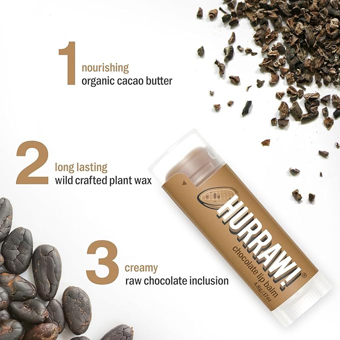 Hurraw! Chocolate Lip Balm, 2 Pack: Organic, Certified Vegan, Cruelty and Gluten Free. Non-GMO, 100% Natural Ingredients. Bee, Shea, Soy and Palm Free. Made in USA
