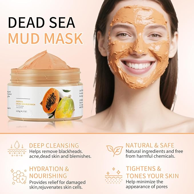 Clay Mud Face Mask for Women,Papaya Dead Sea Mud Facial Mask Skincare,Deeping Cleansing,Oil Control,Hydrating Face Cleaning Clay Masks for All Skin Types (4.2OZ)