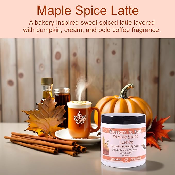 Blossom to Bath Maple Spice Latte Cocoa Mango Body Cream (8 Ounce) - Natural Fragrance - Feels Like A Lotion And Works Like A Butter with a Pumpkin Spice Latte Scent