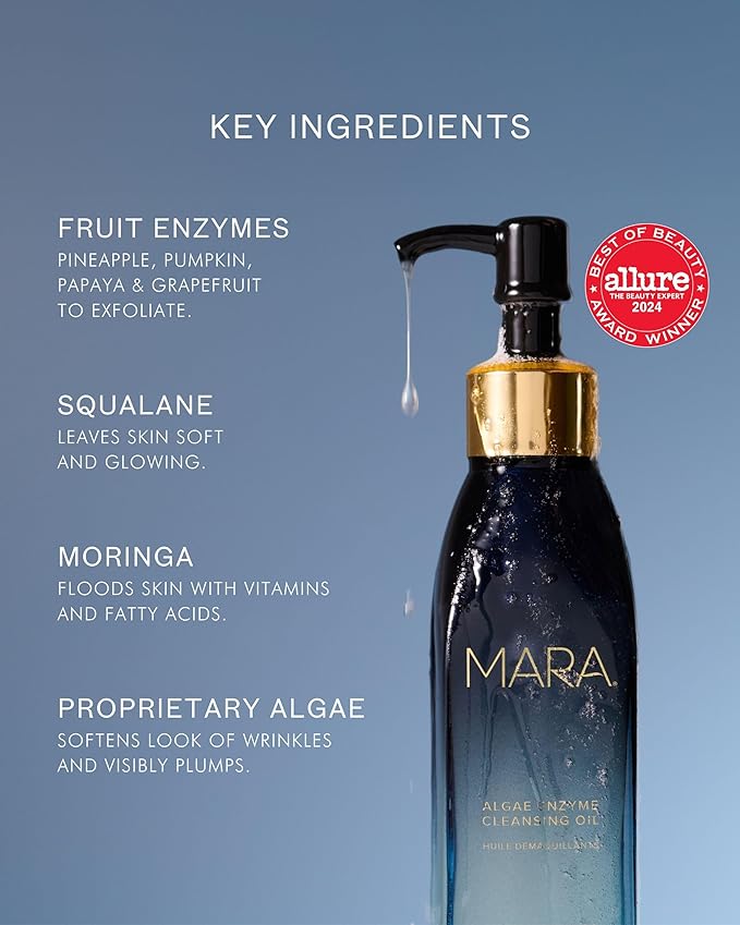 MARA Algae Enzyme Cleansing Oil – Gentle Makeup Remover with Fruit Enzymes, Marine Algae & Antioxidant Oils – Hydrating Face Cleanser for Pores, Sunscreen & Waterproof Makeup (2oz / 60mL)
