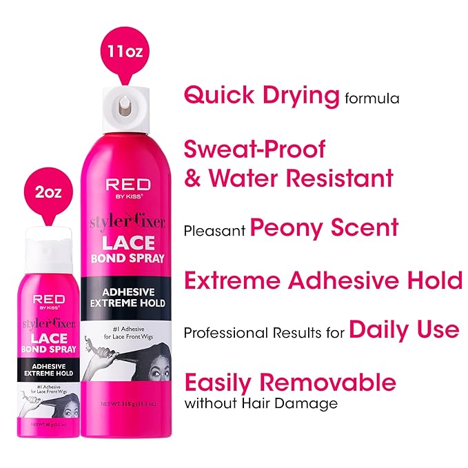 Red by Kiss Hair Glue Spray for Lace Front Wigs, 2oz, Extreme Hold, Water-Resistant, Sweat-Proof, Delicate Removal